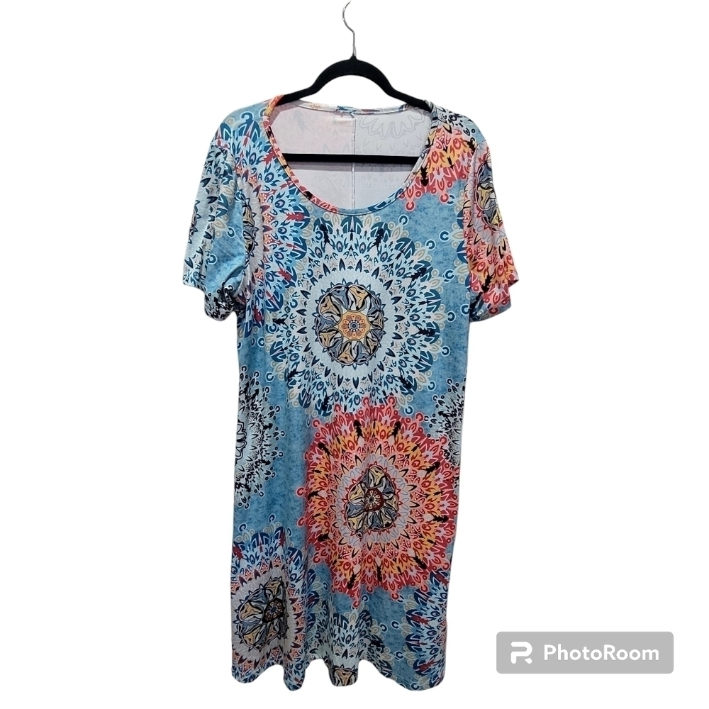 CHERFL XL Colorful Geometric Loungewear Pajama Dress Midi Boho Comfy